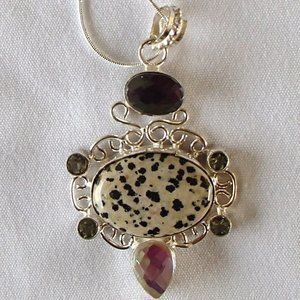 Dalmation Jasper Rainbow Topaz Green Amethyst .925 Scrollwork Pendant Only